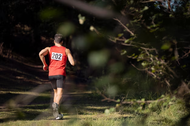 Man running in the forest, rear view