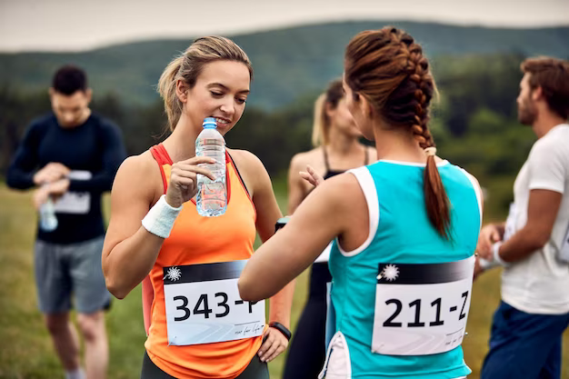 A group of people take a break during a marathon